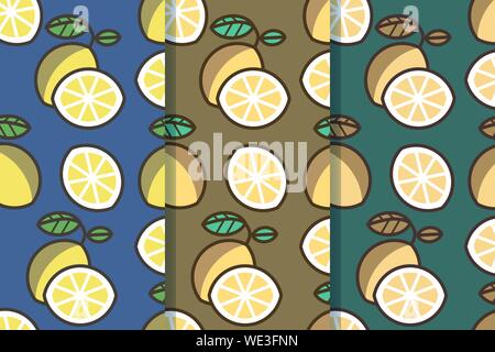 Set of three seamless patterns with lemons in one style. Colorful illustration, eps10. Clipping mask applied. Stock Vector
