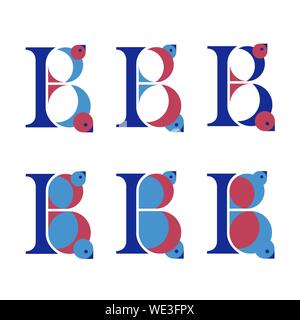 Set of six stylized multicolored letters B with birds. Lettering for use in design. Vector EPS10 Stock Vector