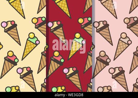 Set of three seamless patterns with ice cream cones in one style, colorful illustration, eps10. Clipping mask applied. Stock Vector