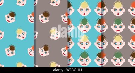 Set of four seamless patterns with funny smileys in cartoon style. The image of colored hair of different colors and different emotions. Vector EPS10. Stock Vector