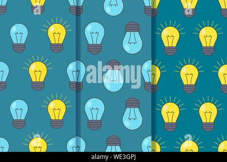 Set of three seamless patterns with with light bulbs in one style. Vector EPS10. Clipping mask applied. Stock Vector