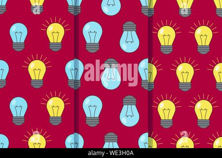 Set of three seamless patterns with with light bulbs on red background. Vector EPS10. Clipping mask applied.