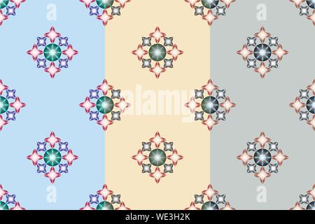 Set of three seamless patterns with colorful gems on light background. Colorful illustration in realistic style. Vector illustration EPS10 Stock Vector