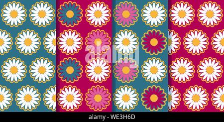 Set of four seamless patterns with chamomiles in one style. Colorful illustration, eps10. Clipping mask applied. Stock Vector