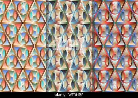 Set of three fashion seamless patterns with geometric shapes, creating the effect of volume. Colorful illustration, eps10. Clipping mask applied. Stock Vector