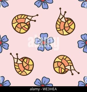 Seamless pattern with snails and flowers drawn in the style of hand drawn. Colorful illustration. EPS10. Clipping mask applied. Stock Vector
