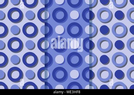 Set of three seamless patterns with with rings and circles casting shadows. Colorful illustration, eps10. Clipping mask applied. Stock Vector