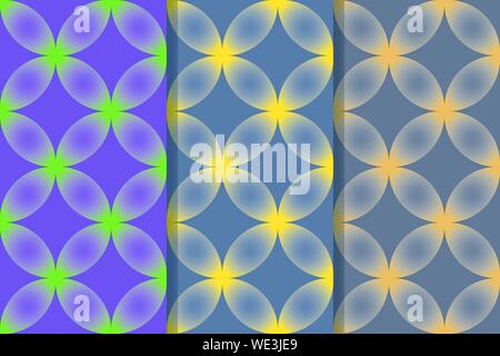 Set of three seamless patterns with abstract figures of cross-shaped structure in one style. Colorful illustration, eps10. Clipping mask applied. Stock Vector