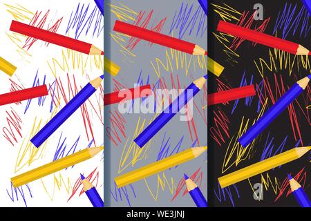 Set of three seamless patterns with with colorful pencils and children's drawing. Vector EPS10. Clipping mask applied. Stock Vector
