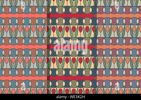 Set of three seamless patterns with geometric folklore ornament. Ethnic vector texture in vintage style. Coloful illustration. EPS10 Stock Vector