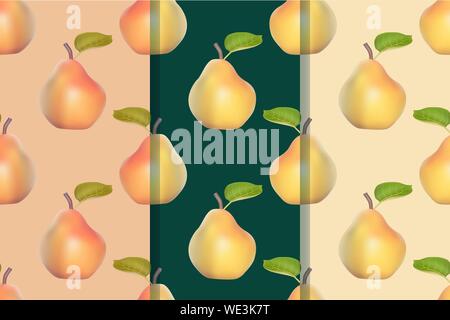 Set of three seamless patterns with pears in realistic style. Colorful illustration, eps10. Clipping mask applied. Stock Vector