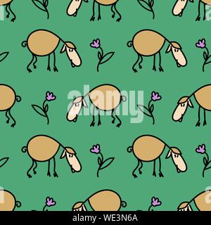 Seamless pattern with sheeps on the meadow. Funny lamb. Vector EPS10. Clipping mask applied. Stock Vector