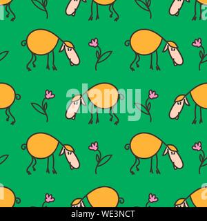 Seamless pattern with sheeps on the meadow. Funny lamb. Vector EPS10. Clipping mask applied. Stock Vector