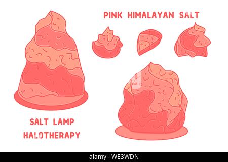 Himalayan salt stones illustrations set. Salt lamp and salt crystals. Alternative medicine logo or design of a relaxing room Stock Vector