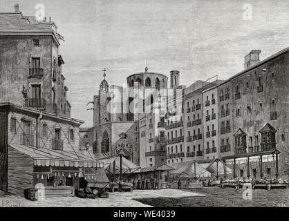 Spain, Catalonia, Barcelona. 'El Bornet'. Old market stalls, vicinity of the church of Santa Maria del Mar. Its existence dates back at least from the 15th century, although it acquired greater importance throughout the 19th century. The area was affected when the walls were demolished in 1874, but 'El Bornet' was transformed by the Universal Exhibition of 1888. New buildings were built, including a new market whose works began in 1874 and concluded in 1876. View of the area before the construction of the new market in 1874.Drawing by A. Rigalt. Engraving by E. Alba. La Ilustracion Españo Stock Photo