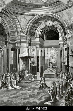 Spain, Madrid. Chapter held by the Knights of the Royal Order of Charles III, under the presidency of King Alfonso XII, in the chapel of the Royal Palace on the morning of December 7, 1876. Imposition of the collar of the order to one of the Knights. Drawing by Juan Comba. Engraving by Rico. La Ilustracion Española y Americana, December 22, 1876. Stock Photo