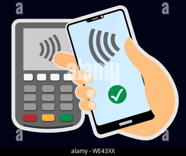 contactless payment concept with hand holding smartphone against wireless payment terminal vector illustration Stock Vector