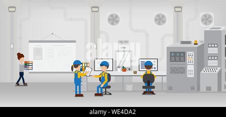 Factory in process with workers working flat design vector illustration Stock Vector