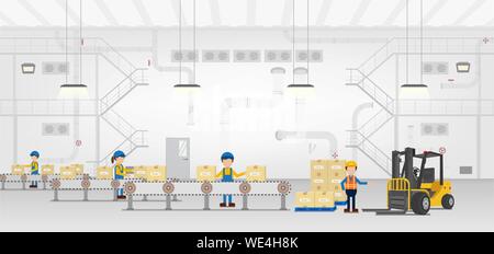 Warehouse in process with workers working flat design vector illustration Stock Vector