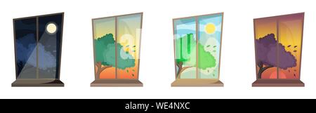 Window day time view. Sunrise and sun dawn morning noon and sunset dusk ...