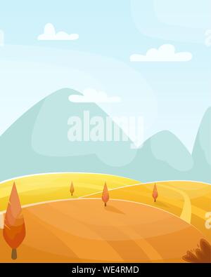Flat autumn vector cartoon landscape. Fields with trees and mountains in the background. Sky with clouds. Stock Vector