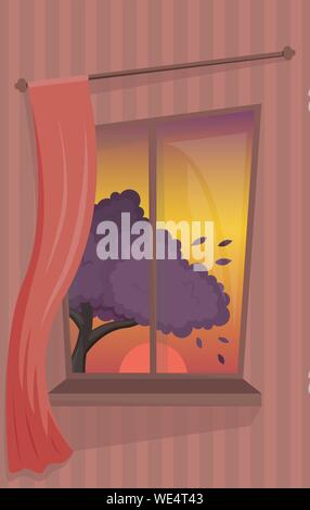 Atmospheric window with a curtain. Cozy view on the sunset and tree. Flat vector interior. Stock Vector