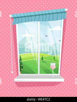 Atmospheric spring window with a glass of a rose wine. Cozy spring days. Flat vector illustration. Stock Vector