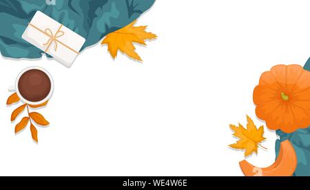 Autumn flat lay with the pumpkin, gift, wool scarf, coffee and autumn leaves. Flat vector illustration. Place for text Stock Vector