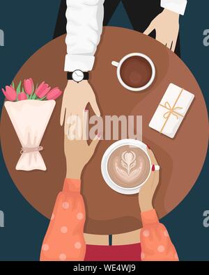 A couple in love sitting at a table in a cafe and holding hands. Bouquet of flowers and gift. Flat vector illustration. Stock Vector