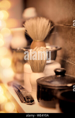 Equipment on barber shop and empty space for tex Stock Photo