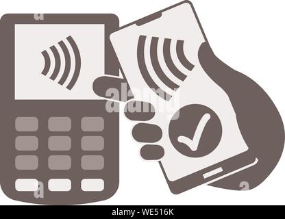 simple flat black and white contactless payment concept with hand holding smartphone against wireless payment terminal vector illustration Stock Vector