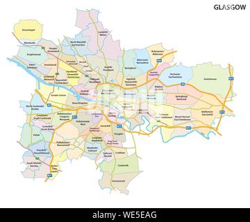 Map of the Scottish city of Glasgow with roads and all neighborhoods of the city Stock Vector