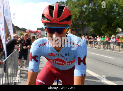 Marburg, Germany. 30th Aug, 2019. Cycling: UCI Europaserie, Germany Tour, 2nd stage from Marburg to Göttingen (202, 00 km). The German Nils Politt of Team Katusha-Alpecin smiles before the start. Credit: dpa picture alliance/Alamy Live News Stock Photo