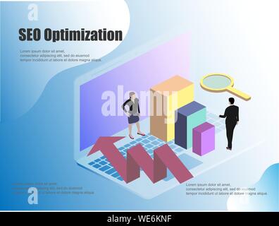 Flat illustration with isometric. Computer monitor icon vector illustration. Concept seo business vector illustration. Isometric people vector Stock Vector