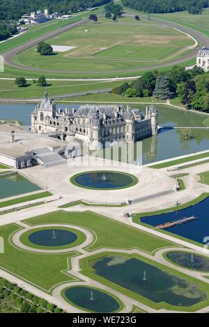 France, Oise, the castle of Chantilly and its garden of Andre Le Nôtre (aerial view) Stock Photo