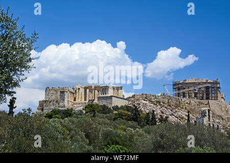 ATHENS,GREECE,JUN 04, 2016. The Acropolis of Athens. Restoration works on the temples are in progress. Stock Photo