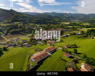 France, Pyrenees Atlantiques, Ainhoa, awarded the Most Beautiful Village of France (aerial view) Stock Photo