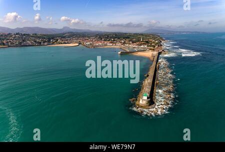 France, Pyrenees Atlantiques, Basque country, Ciboure, Ciboure and Fort Socoa (aerial view) Stock Photo