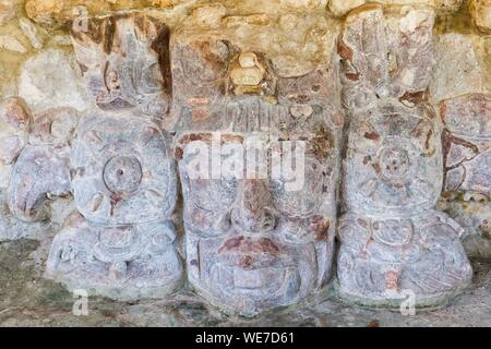 Mexico, Campeche state, Edzna, Maya archaeological site, temple of the masks carvings Stock Photo