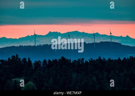 France, Ardeche, Parc Naturel Regional des Monts d'Ardeche (Regional natural reserve of the Mounts of Ardeche), wind farm ans Alpes mountains, Vivarais, Sucs area Stock Photo