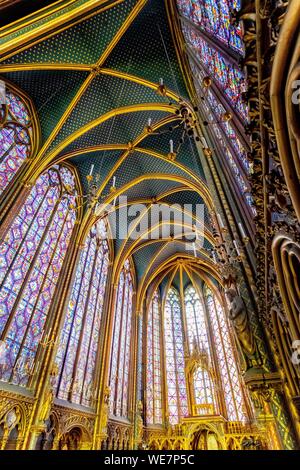France, Paris, area listed as World Heritage by UNESCO, Ile de la Cite, Sainte Chapelle, stained glass windows of the Upper Chapel Stock Photo