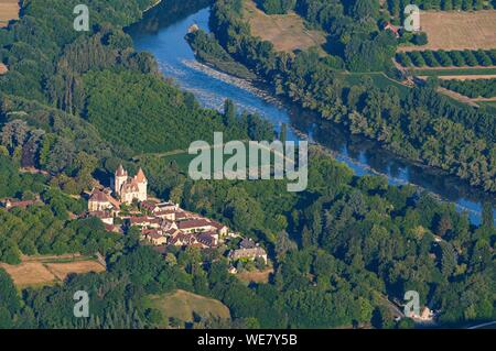 France, Dordogne, Castelnaud la Chapelle, castle of the Milandes dated 15th century (aerial view) Stock Photo