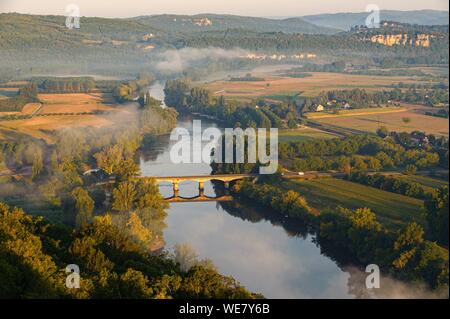 France, Dordogne, Domme, panorama over the Dordogne river (aerial view) Stock Photo