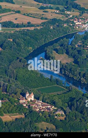 France, Dordogne, Castelnaud la Chapelle, castle of the Milandes dated 15th century (aerial view) Stock Photo