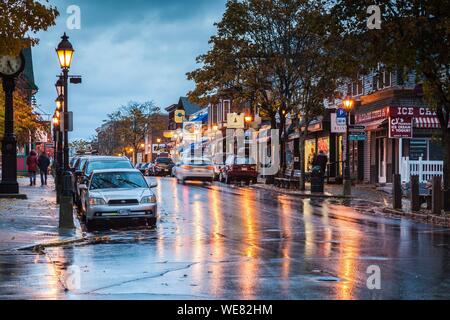 United States, Maine, Mt. Desert Island, Bar Harbor, Main Street, autumn, dusk Stock Photo
