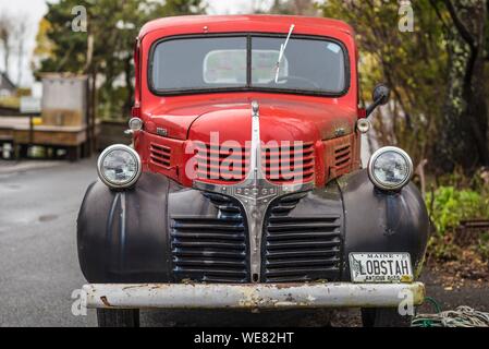 United States, Maine, Mt. Desert Island, Bernard, antique truck with lobster license plate Stock Photo