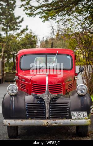 United States, Maine, Mt. Desert Island, Bernard, antique truck with lobster license plate Stock Photo