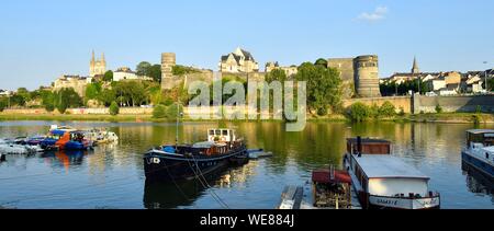 France, Maine et Loire, Angers, the river port and the castle of the Dukes of Anjou, Saint Maurice cathedral in background Stock Photo