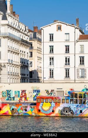 France, Rhone, Lyon, Quai du Maréchal Joffre, mytoc.fr barge, a 38-meter work of art, is a cultural platform moored on the banks of the Saone river Stock Photo