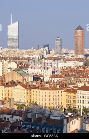 France, Rhone, Lyon, historic district listed as a UNESCO World Heritage site, panorama of La Presqu'île district, Part-Dieu tower (or the pencil) and Incity tower (or eraser) in the background, Old Lyon in the foreground Stock Photo
